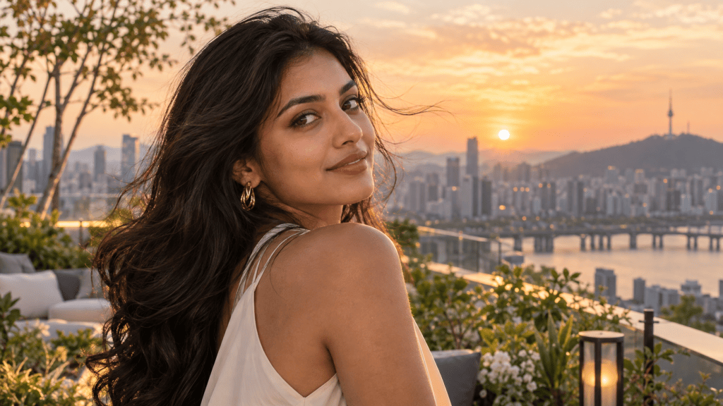 A woman with long dark hair smiles over her shoulder, set against a sunset view of a city skyline and a river.