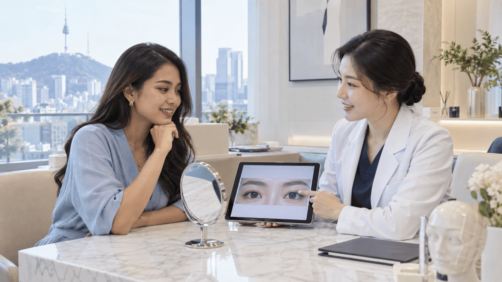 A woman in a light blue blouse interacting with a medical professional in a white coat, who is showing her an image of eyes on a tablet in a modern office setting, with a cityscape visible through the window.