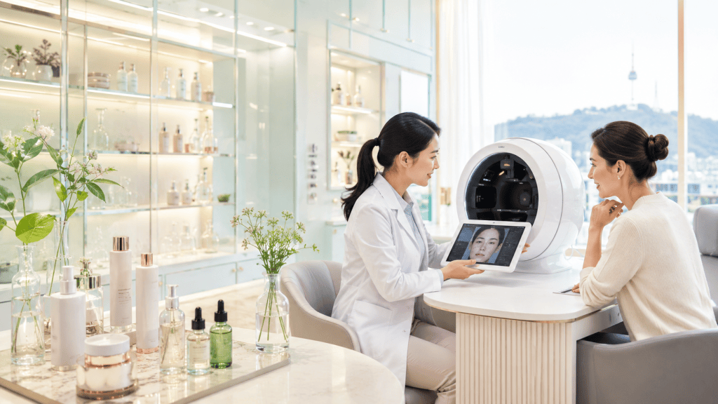 A skincare consultation in a modern beauty clinic, featuring a consultant showing a client their face analysis on a tablet, with a device for skin examination in the background and various skincare products on the table.
