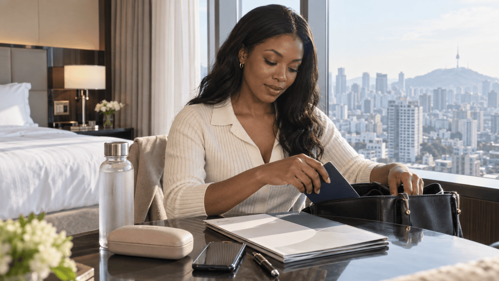 A woman sitting at a table in a hotel room, looking into her handbag while holding a passport, with a city skyline view in the background.