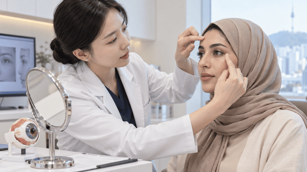 A healthcare professional examines the eye area of a patient wearing a hijab, with anatomical images in the background and a model of an eyeball on the table.
