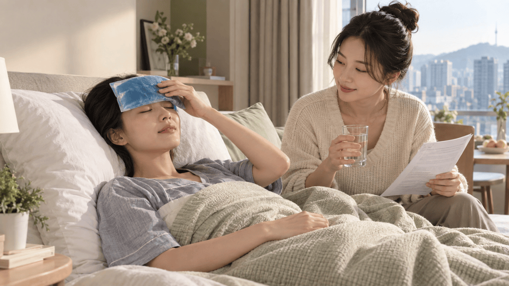 A woman resting in bed with an ice pack on her forehead, while another woman sits beside her, holding a glass of water and a sheet of paper, in a cozy room with a view of the city.