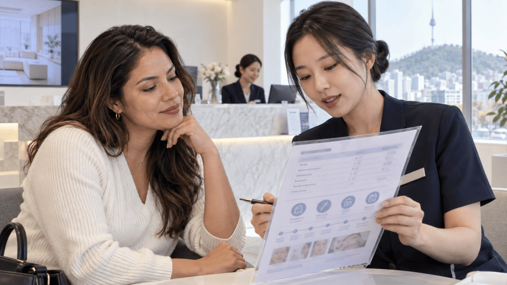 A woman with long hair attentively reviews a document with a smiling consultant in a modern office setting, featuring a city skyline in the background.