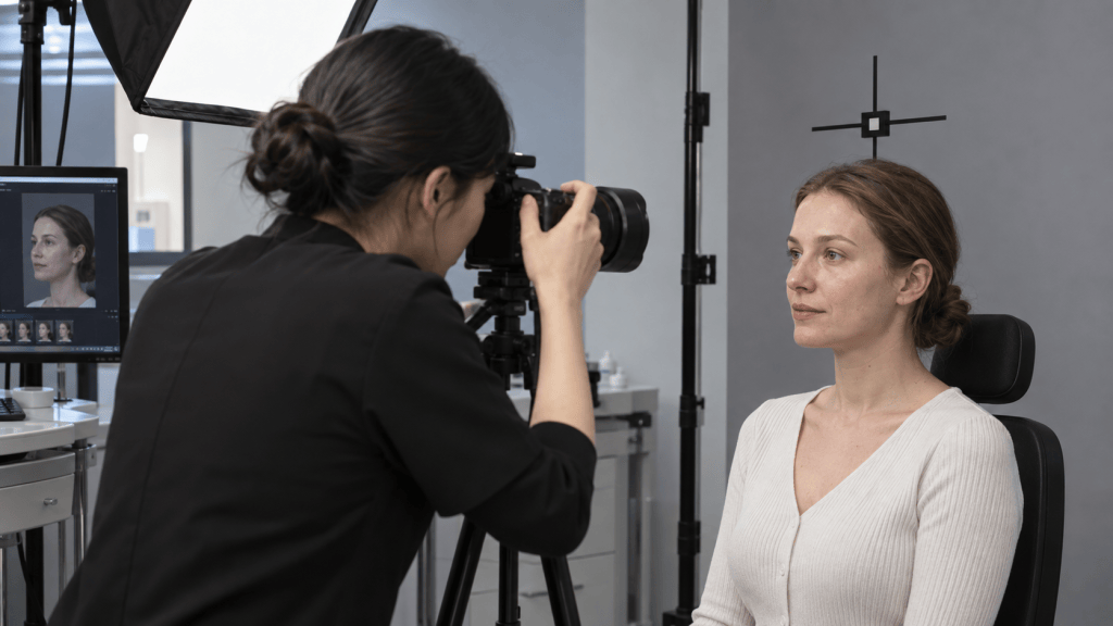 A woman sitting in a chair is being photographed by a person holding a camera. A computer screen displaying facial images is visible in the background.