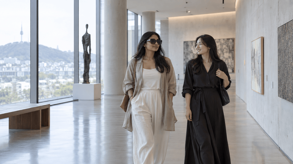Two women walking and chatting in a modern art gallery with large windows showcasing a city view.