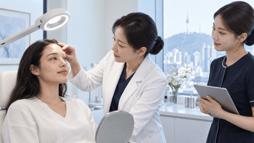 A woman receiving a skincare consultation from a dermatologist in a modern clinic, with another staff member observing and taking notes.