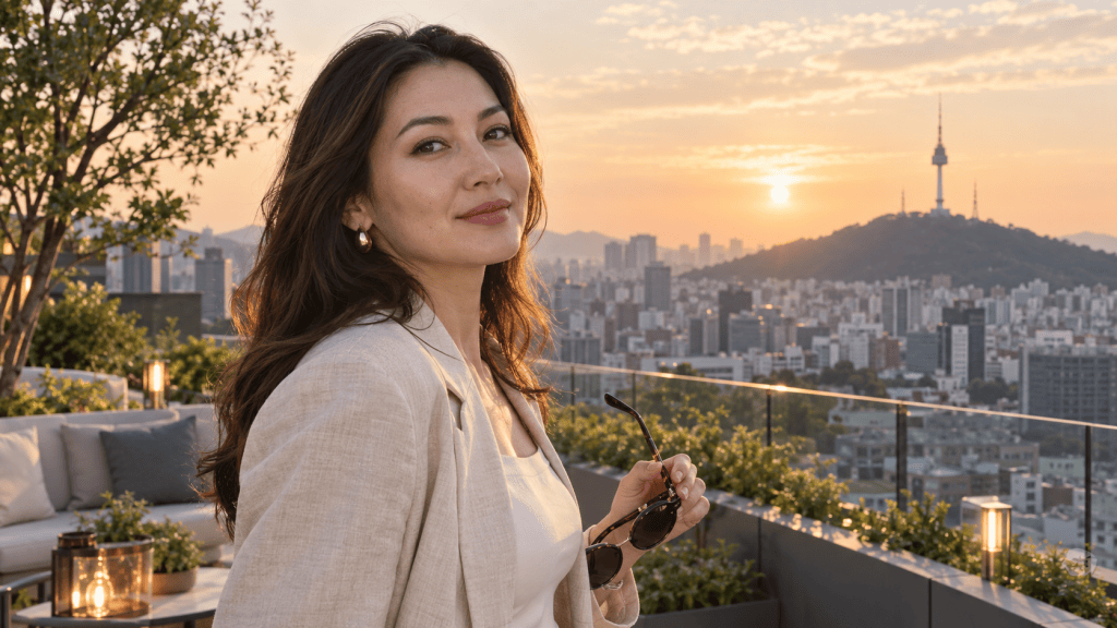 A woman with long brown hair stands on a rooftop terrace, holding sunglasses and smiling at the camera. In the background, a panoramic view of a city skyline with a mountain and sunset can be seen.