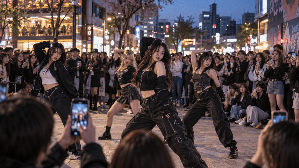 A group of four dancers performing on a street at night, surrounded by an enthusiastic crowd. The dancers are wearing stylish, casual outfits and captivating the audience with their choreography.