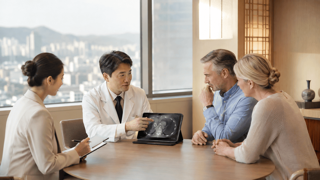 A doctor in a white coat discusses an X-ray image on a tablet with a couple at a table in a well-lit office, with a city skyline visible through the window.