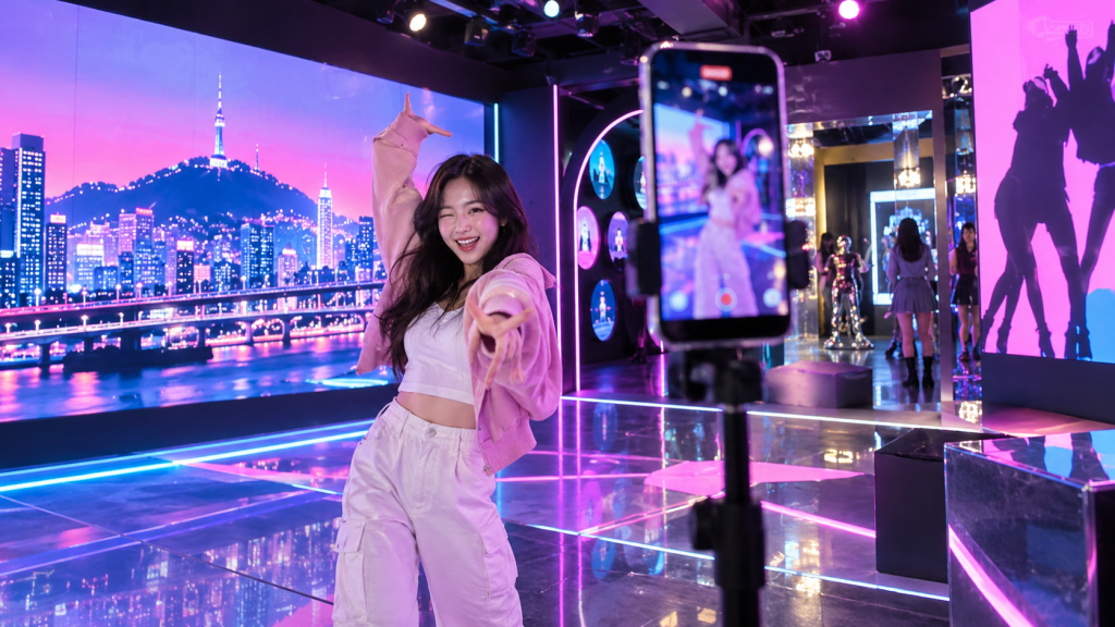 A young woman poses playfully in a vibrant studio with a city skyline backdrop, while a phone on a tripod captures her joyful moment.