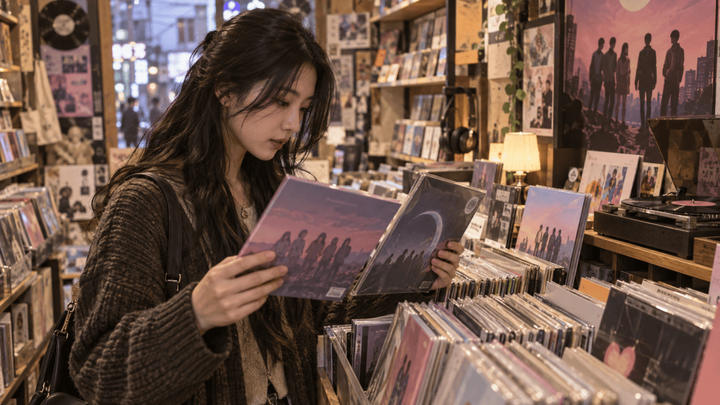A young woman browsing through vinyl records in a cozy music store, holding two album covers.