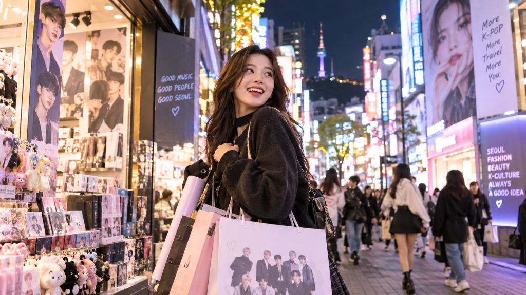 A young woman with long hair smiles while holding shopping bags in a vibrant street filled with K-pop merchandise and colorful neon lights at night.