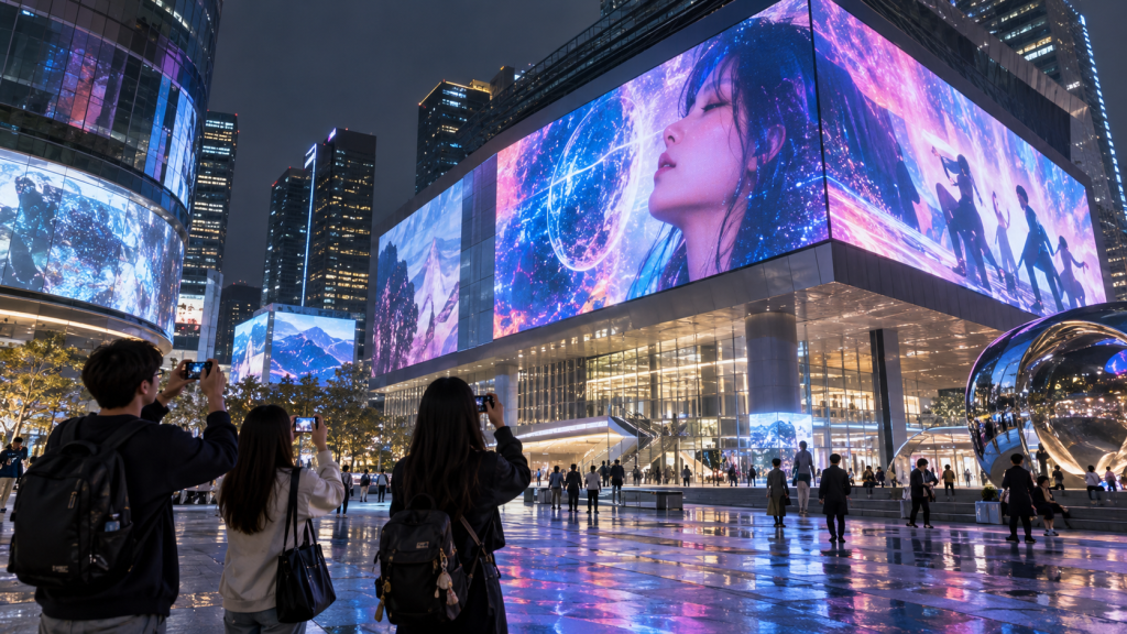 People taking photos in front of large LED screens displaying vibrant visuals at night in a cityscape.