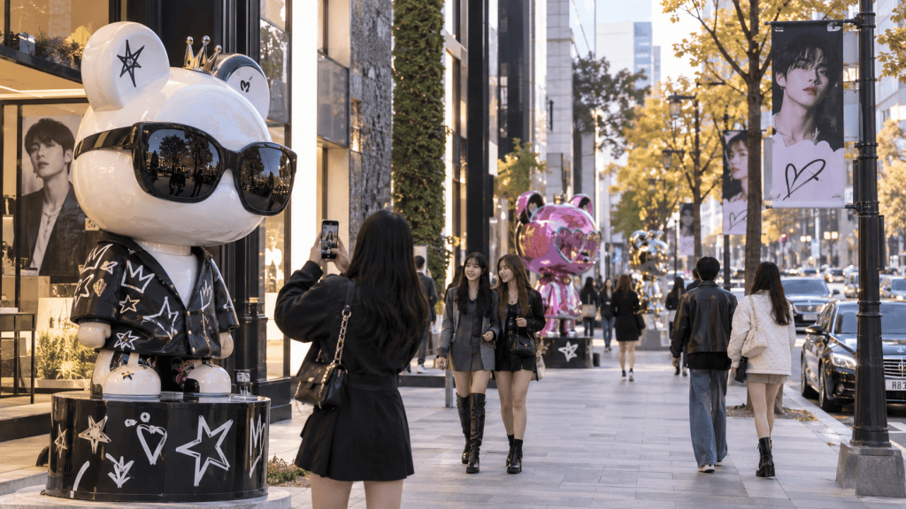 A busy urban street scene featuring oversized bear statues in stylish sunglasses, surrounded by people walking by. Trees with autumn foliage line the street, and large posters of a celebrity hang on buildings.