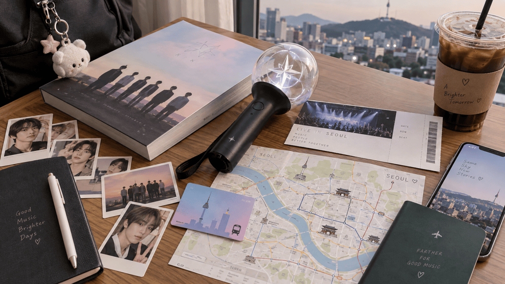 A collection of BTS merchandise and travel items on a wooden table, including a photo book, concert tickets, a flashlight, a map of Seoul, and instant photos of band members, alongside an iced coffee and a black notebook with coffee quotes.
