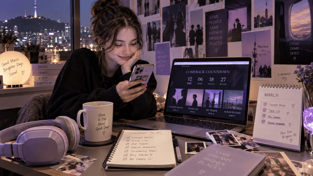 A young woman is sitting at a desk, looking at her phone with a happy expression. The desk is adorned with K-pop memorabilia, a laptop displaying a comeback countdown, a planner, a coffee mug, and headphones. The wall behind her is decorated with photos and inspirational quotes, and a city skyline is visible through the window.