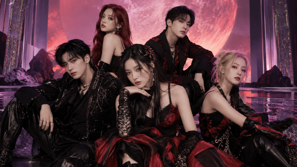 Five performers posing dramatically in dark, ornate outfits with red accents, against a mystical background featuring a large moon and rocky terrain.