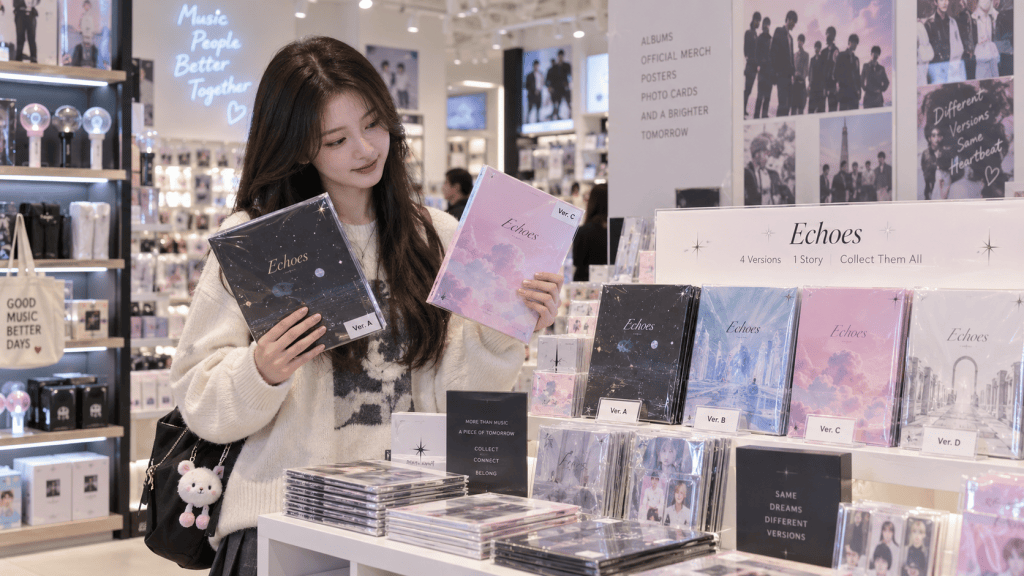 A young woman in a cozy sweater holds two music albums labeled 'Echoes' while shopping in a store filled with music merchandise. Displayed on a table are various versions of the 'Echoes' albums along with other related items.