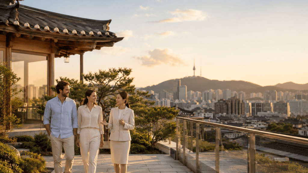 Three individuals walking together on a terrace with a cityscape in the background during sunset, featuring a traditional building and hills.