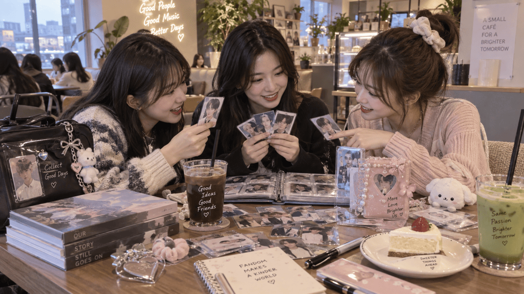 Three friends sharing a table at a café, looking at photo cards and albums filled with pictures. They have drinks and a slice of cake on the table, surrounded by colorful accessories and stationery items.