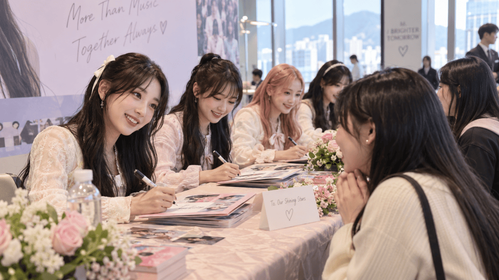 A group of young women in casual clothing are seated at a table, smiling and signing autographs for fans. A fan is leaning forward, appearing excited while interacting with them. The background features a view of a city skyline and decorative flowers on the table.
