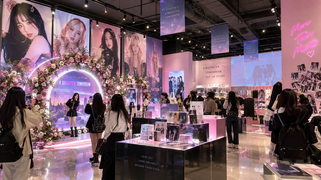 A vibrant pop-up store themed 'A Brighter Tomorrow' featuring floral decorations, large posters of artists on the walls, and visitors taking photos in front of a circular display. The interior is filled with merchandise and pink lighting, creating an inviting atmosphere.