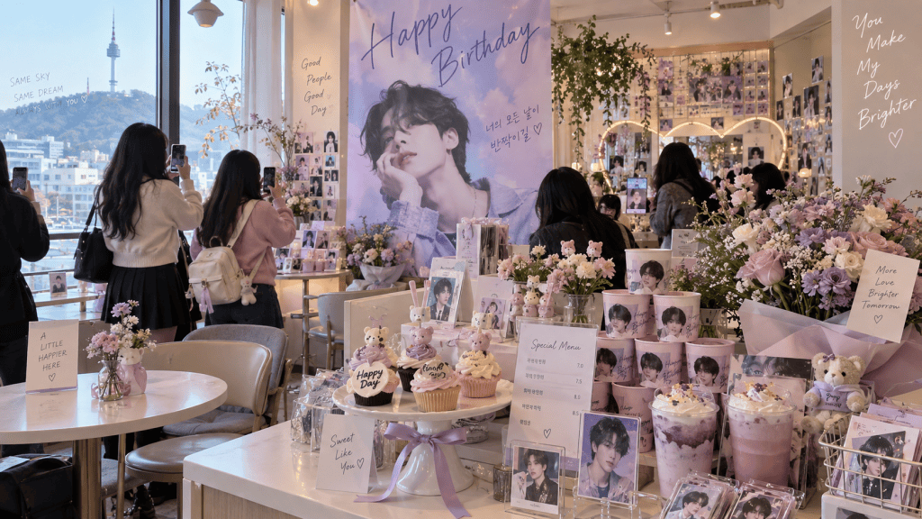 A festive birthday celebration scene in a cafe, featuring decorations with a large birthday banner, floral arrangements, and themed food and drinks. People are taking photos and enjoying the atmosphere.