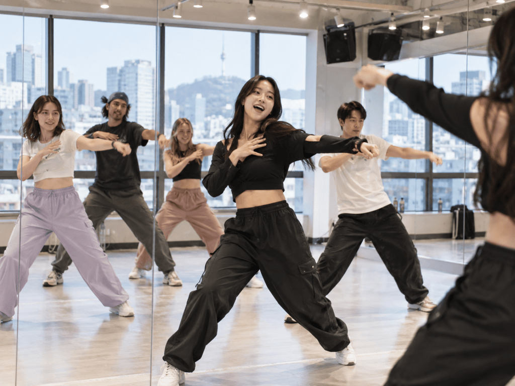 A group of dancers practicing in a studio with large windows showing a city skyline, wearing comfortable dance attire and engaged in a choreographed routine.