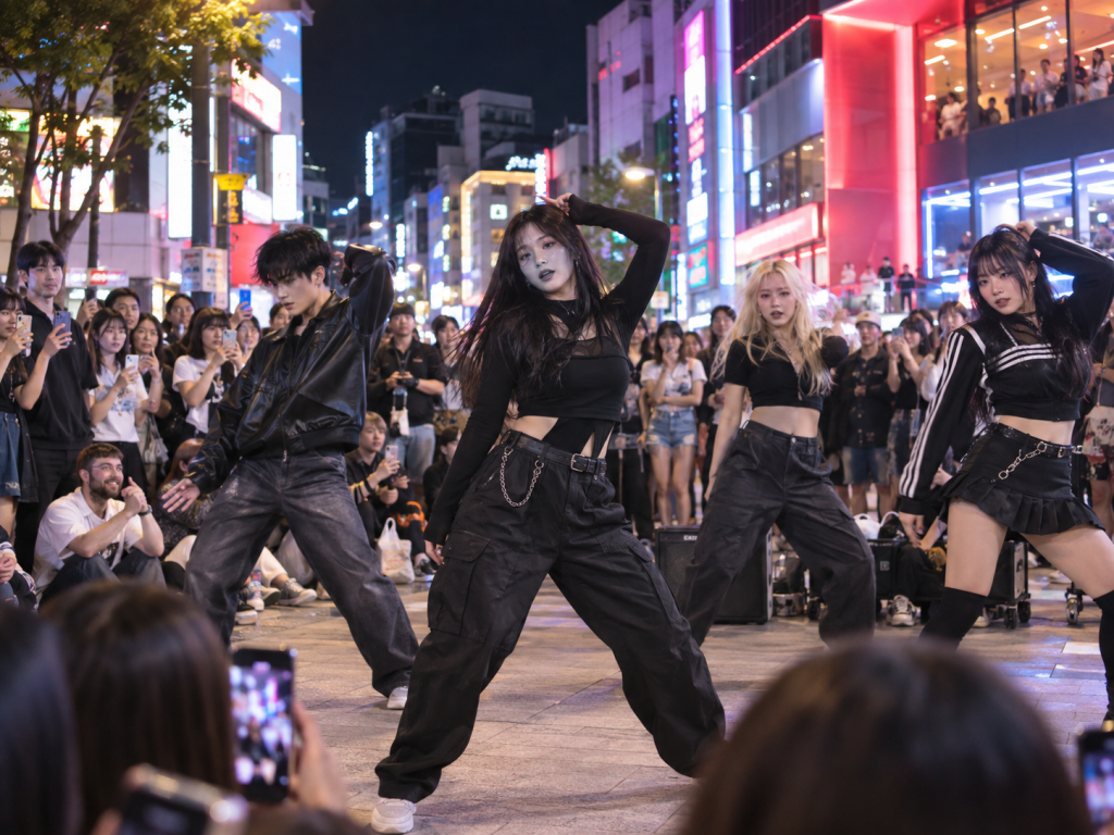 A group of four dancers performing in a vibrant urban setting at night, surrounded by a crowd of onlookers. The dancers are dressed in trendy black outfits, showcasing dynamic poses amidst colorful city lights.