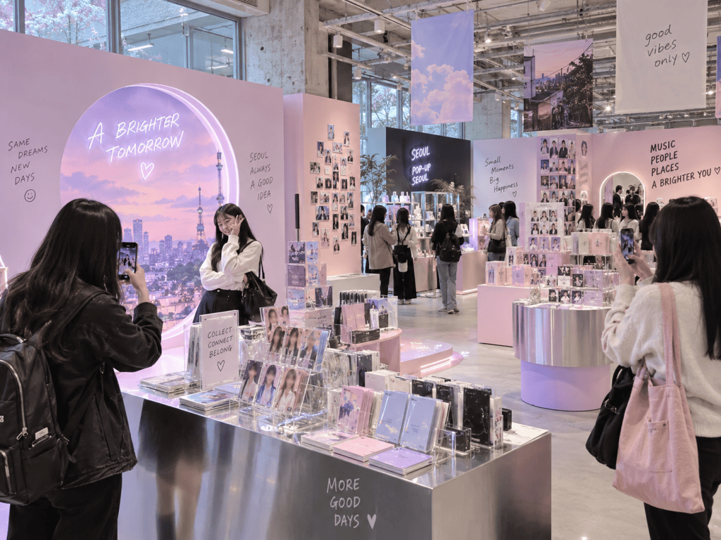 A vibrant pop-up store in Seoul featuring pastel decor, shoppers browsing merchandise, and photo opportunities against a backdrop of inspirational quotes and city views.