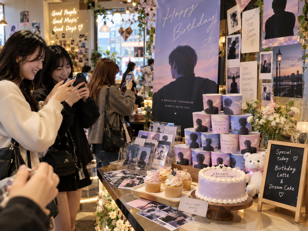 A festive birthday celebration scene featuring young women taking photos in a decorated cafe with birthday cakes, cupcakes, and posters.