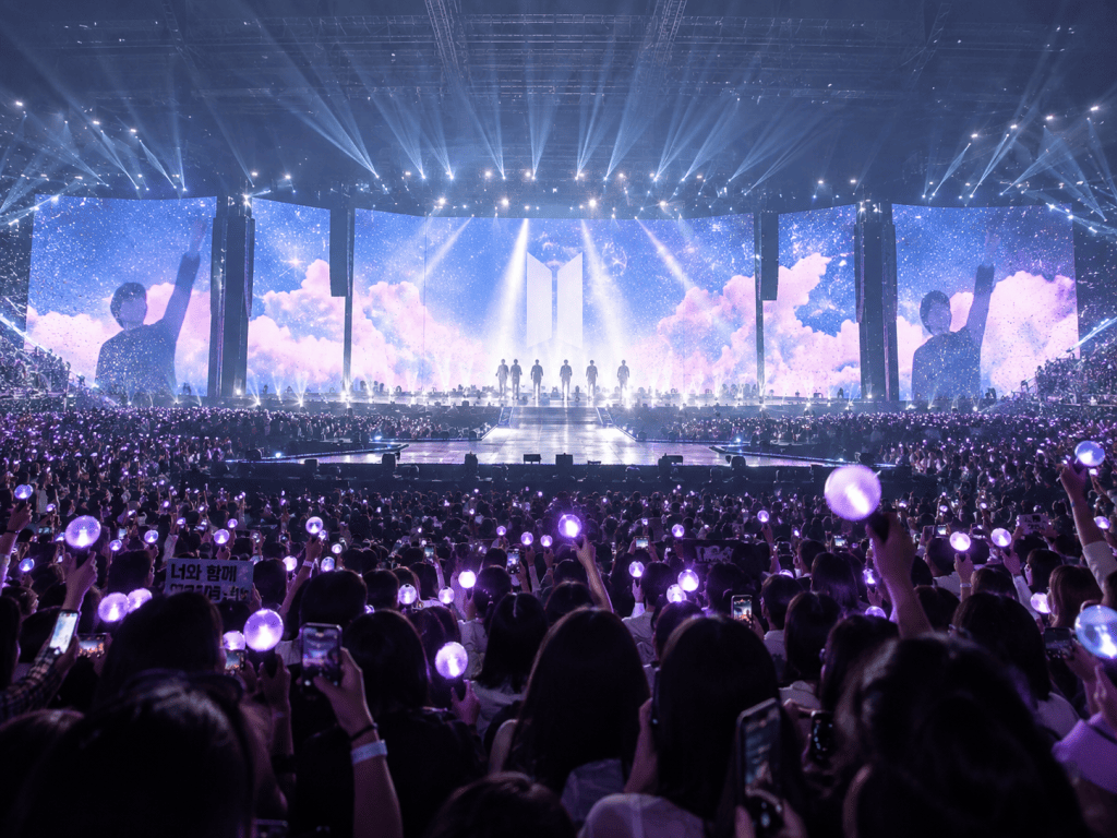 A vibrant concert scene with a lively audience holding purple light sticks, illuminated by stage lights and featuring a backdrop of colorful graphics.
