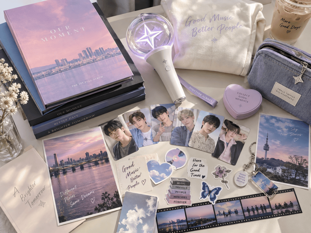 A flat lay arrangement of various items including a photo album titled 'Our Moment', merchandise like a light stick and a sweatshirt, several photo cards of individuals, decorative stickers, and a small pouch, all set against a backdrop of a serene city skyline.