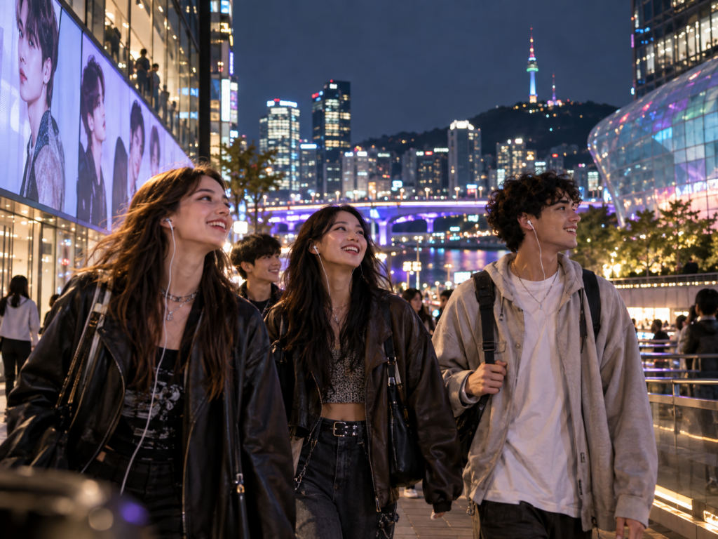 A group of four young friends walking together at night in a vibrant cityscape, with colorful lights illuminating skyscrapers in the background. They are smiling and enjoying each other's company, wearing stylish outerwear.