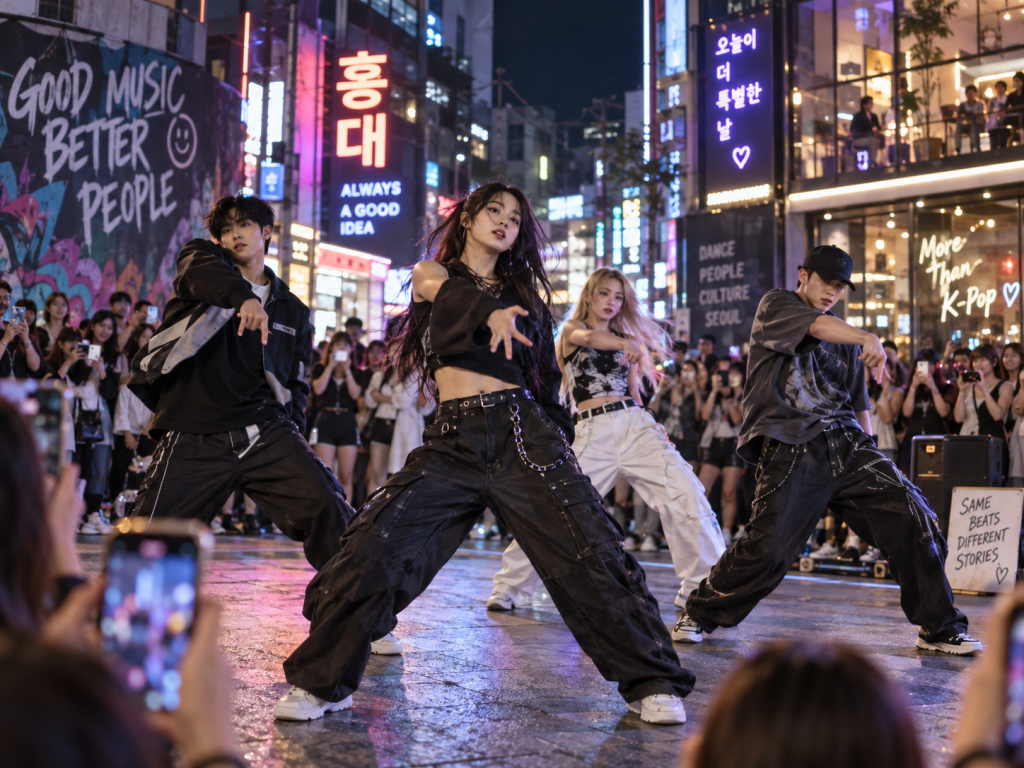 A group of dancers performing in the streets of Seoul, surrounded by an audience. The dancers wear stylish streetwear and showcase energetic dance moves against a backdrop of vibrant neon signs.