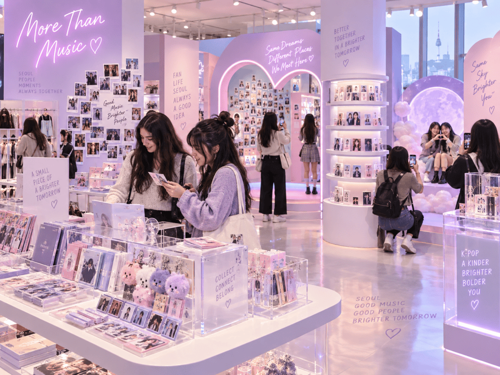 A vibrant store interior featuring a display of K-pop merchandise, including photo cards and collectibles, with young women shopping and enjoying the atmosphere. The walls are decorated with colorful slogans and photographs.