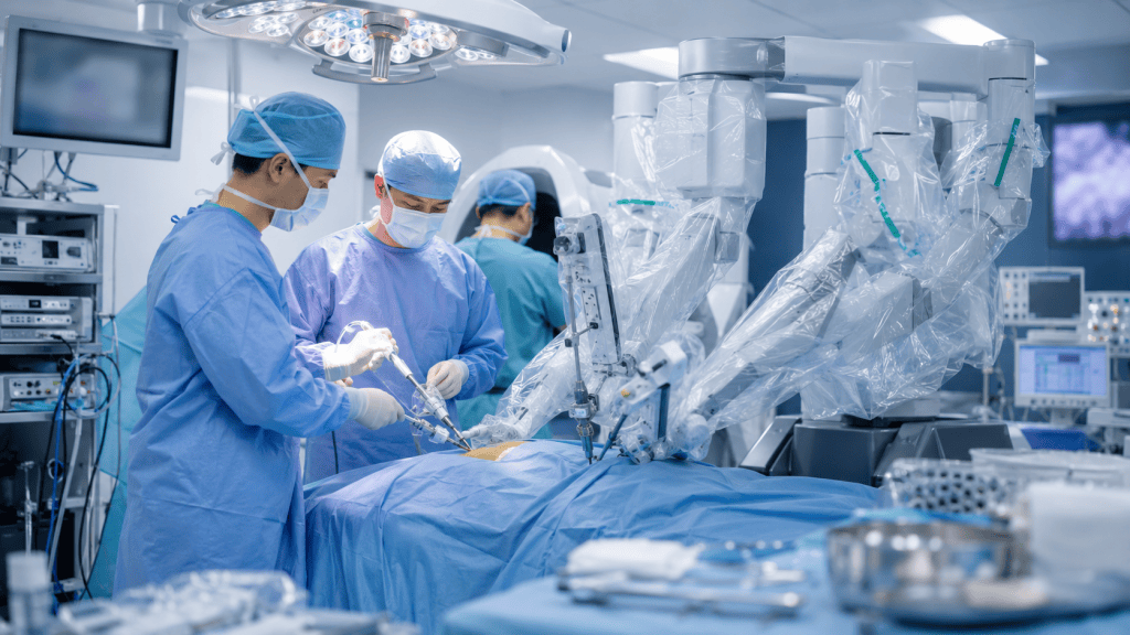 Surgeons performing robotic-assisted surgery in a modern operating room, with medical equipment and monitors in the background.