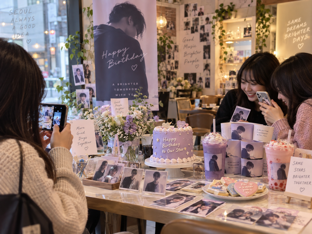 A cozy cafe table decorated for a birthday celebration, featuring a cake, beverages, and photo displays. Two women are taking pictures and enjoying the festive atmosphere.