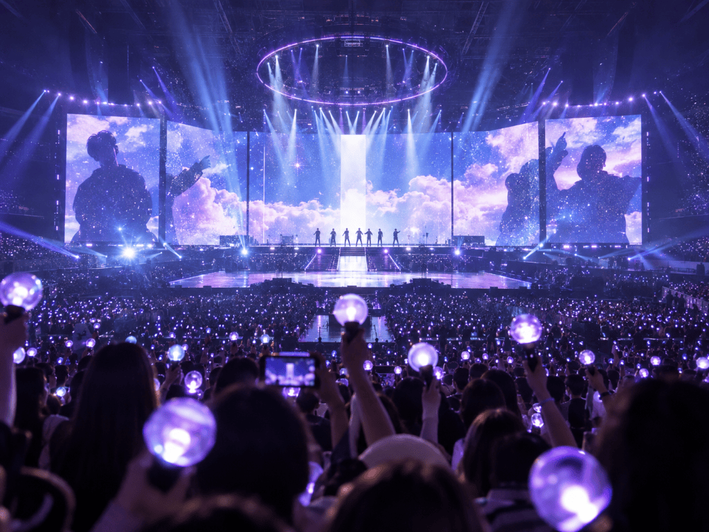 A vibrant concert scene featuring a crowd with purple light sticks, silhouetted performers on stage, and large screens displaying colorful visuals.