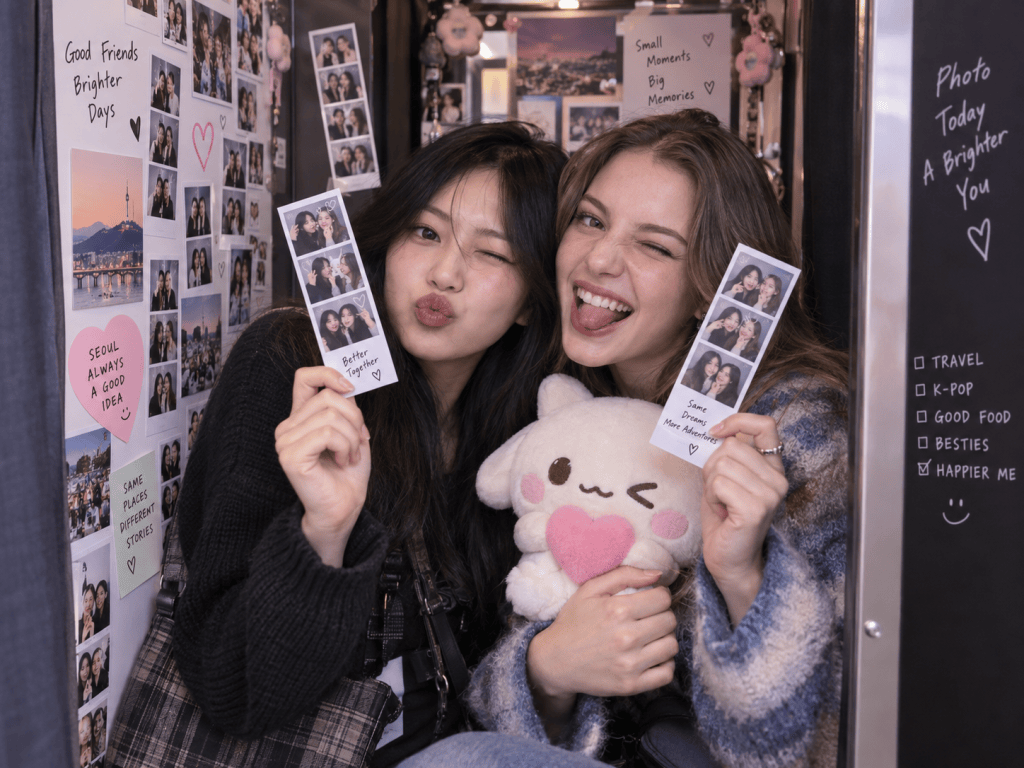 Two young women posing together in a photo booth, each holding a photo strip. One has a plush toy with a heart, while the other makes a playful face. The background features various polaroid-style photos and decorative texts.