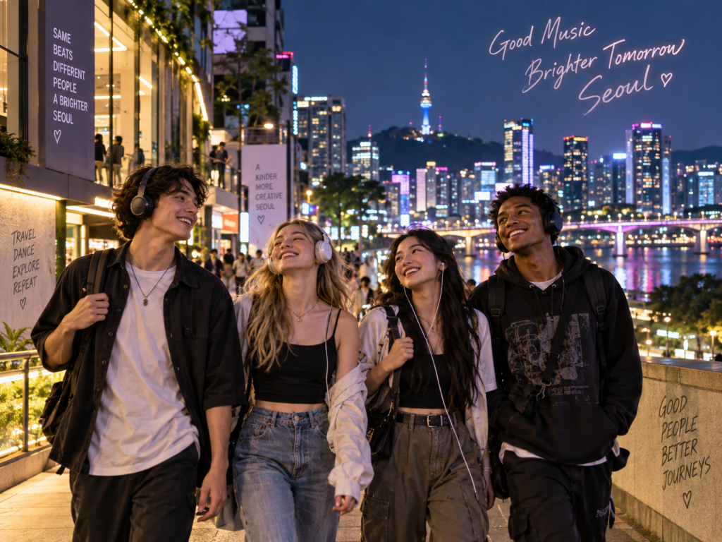 Four friends walking together in a vibrant cityscape at night, wearing headphones and smiling, with colorful city lights and a bridge in the background. Signs with motivational messages about Seoul are visible.