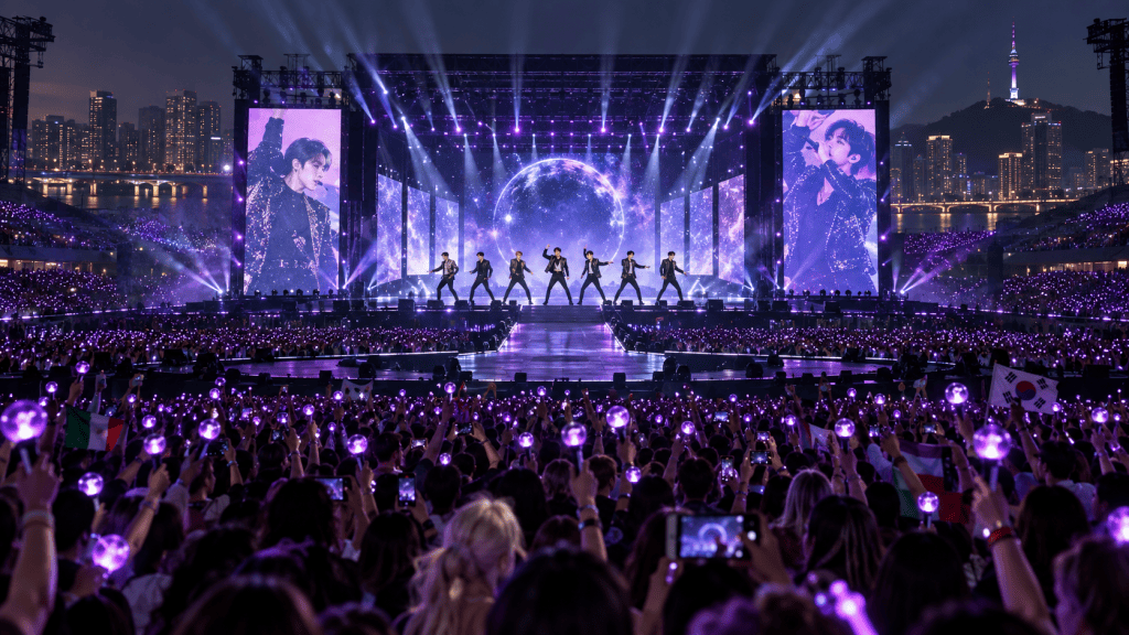 A large crowd at a concert holding purple light sticks, with a group of performers on stage under vibrant lights and a large screen displaying visuals.