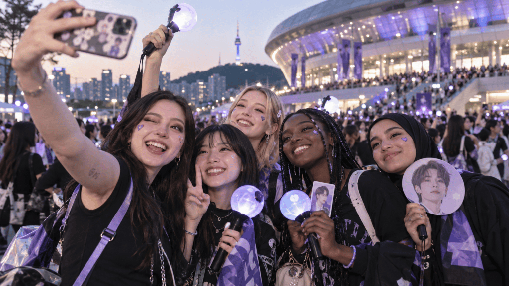 Group of five young women taking a selfie at an outdoor event, smiling and holding fan merchandise, with a stadium and city skyline in the background, all dressed in black and purple attire.