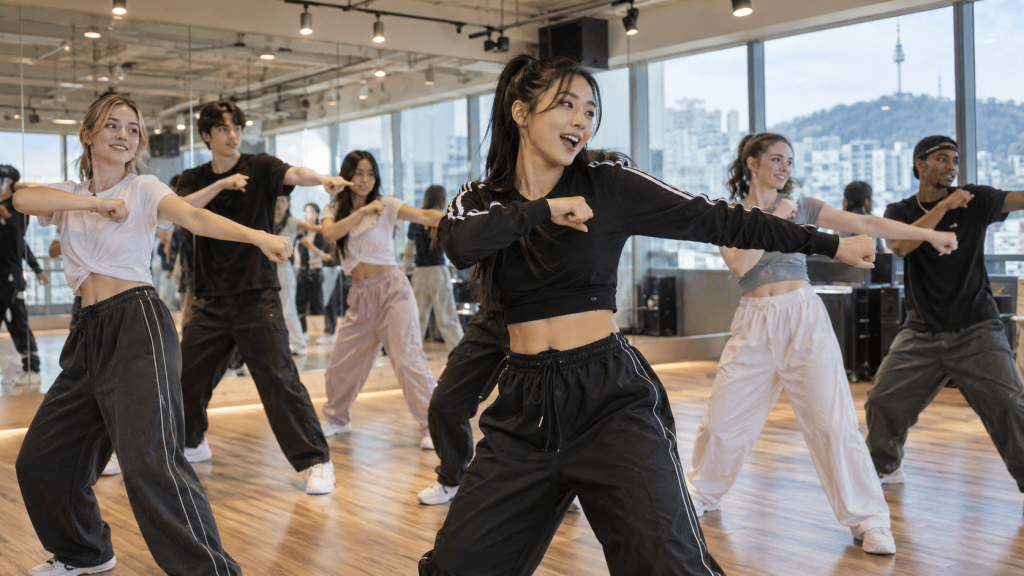 A group of diverse dancers performing choreographed movements in a bright studio with large windows overlooking a cityscape.