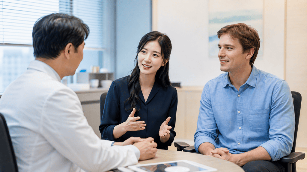 A doctor in a white coat is discussing with a young couple in a consultation room, with the woman actively engaging in conversation and the man listening attentively.
