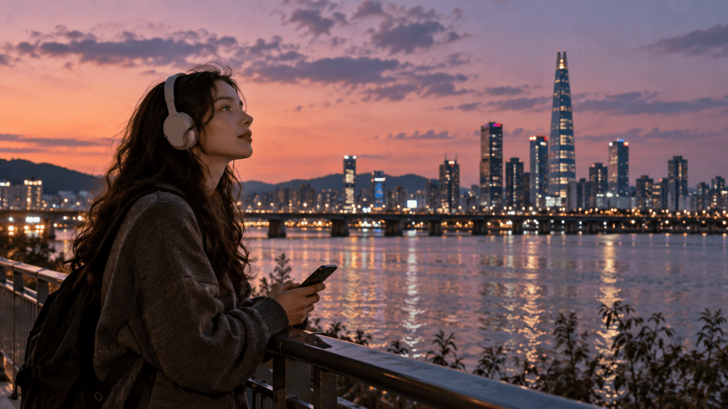 A young woman wearing headphones stands by a railing, looking out at a city skyline during sunset. The scene features tall buildings reflecting on the river with a vibrant sky filled with clouds.