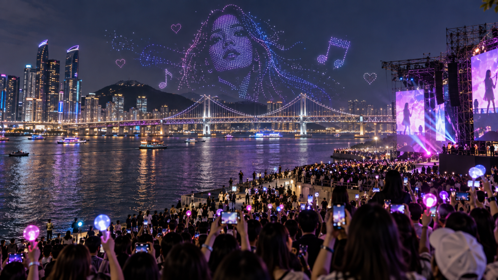 A large crowd enjoying a night concert by the river, with vibrant lights and a light display featuring a woman's face and musical notes in the sky, alongside a city skyline and bridge in the background.