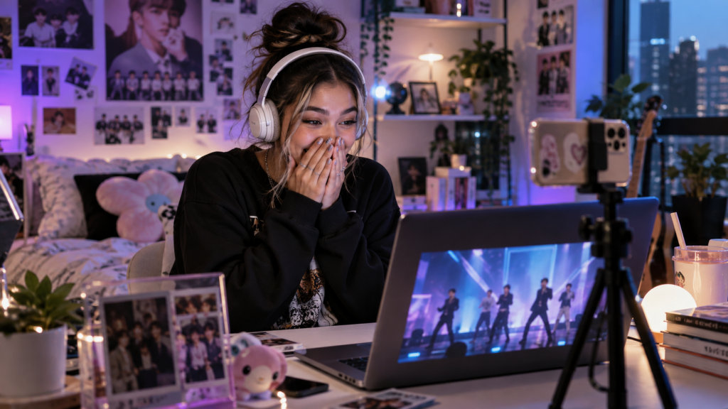 A young woman with headphones, smiling and covering her mouth in excitement, sitting in a cozy, colorful room filled with posters and plants while watching a virtual concert on her laptop.