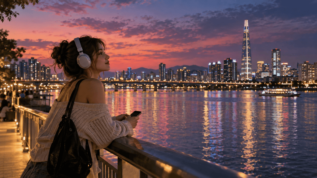 A young woman wearing headphones leans on a railing by a river at sunset, with a city skyline and a tower in the background.