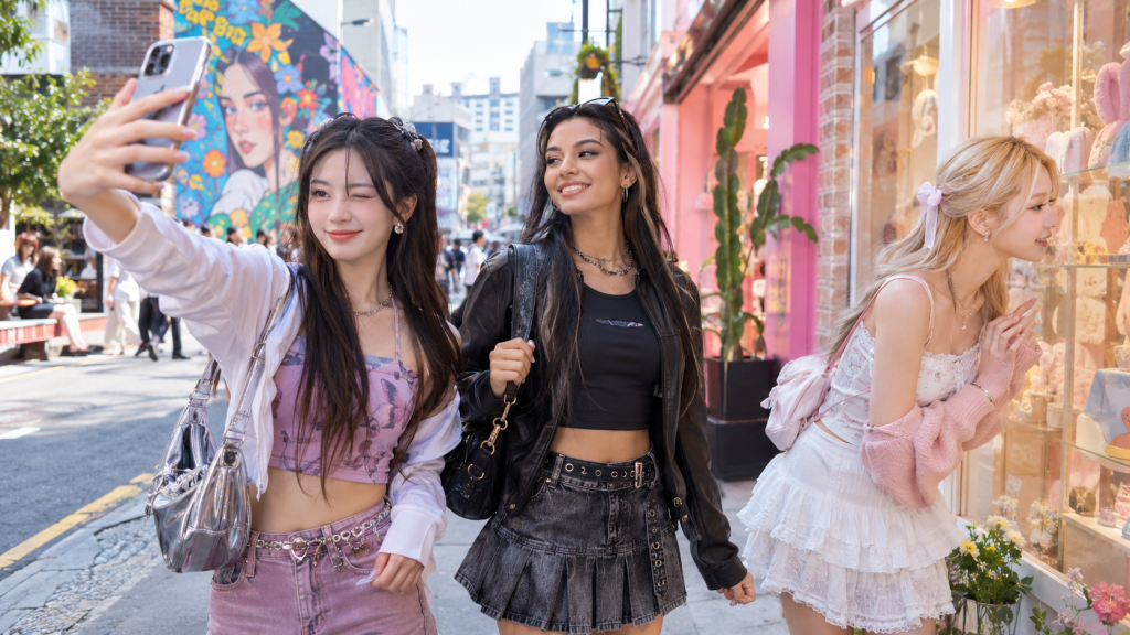 Three young women taking a selfie on a vibrant city street, with a colorful mural in the background and a shop window showcasing various items.